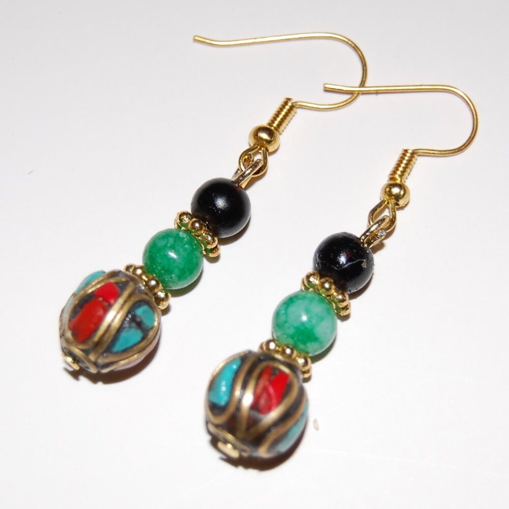 Tibetan Earrings,Ethnic Earrings,Bronze Inlaid Bead Earrings,Red Coral,Turquoise